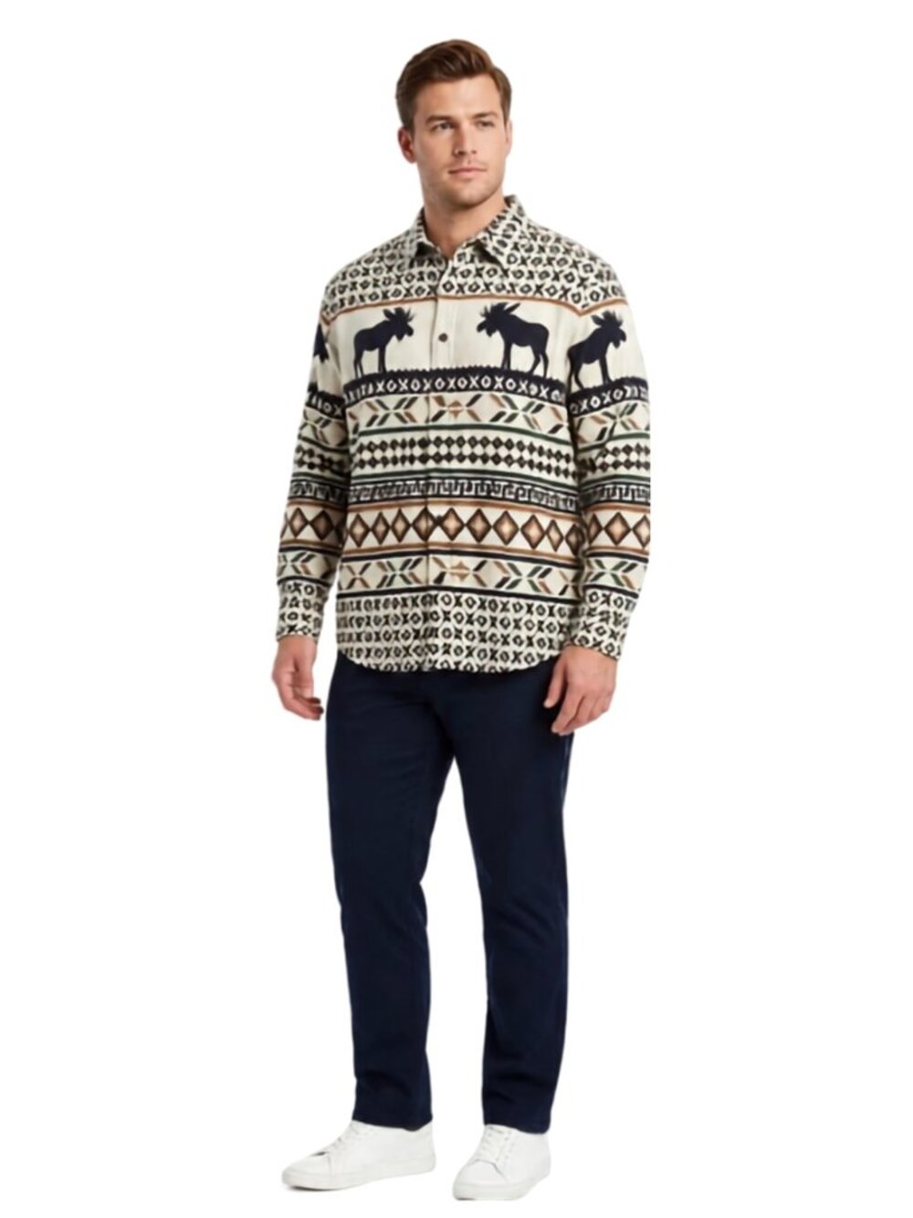 Chaps Mens Go Untucked Shirt Oatmeal XXL Southwestern Moose Motif